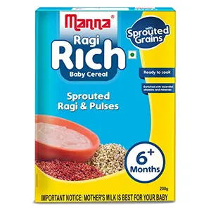 Manna Baby Cereal 200g | Baby Food (6+Months) Sprouted Ragi & Pulses | 100% Natural Health Mix | Infant Food