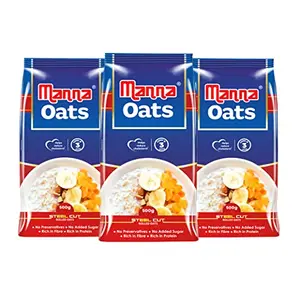 Manna Instant Oats | White Oats High in Fibre and Protein | Helps Maintain Cholesterol. Diabetic Friendly | 100% Natural | 1.5kg (500g x 3 Packs)