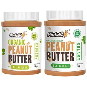 Pintola All Natural Peanut Butter (Creamy) (1 kg) (Unsweetened Non-GMO Gluten Free Vegan) + Pintola Organic Peanut Butter (Crunchy) (1kg)