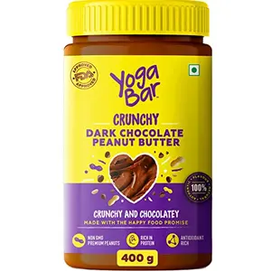 Yogabar Crunchy Peanut Butter 400g | Dark Chocolate Peanut Butter Crunchy with No Palm Oil & Anti-Oxidants | Creamy Crunchy & Chocolatey | Non GMO Vegan Peanut Butter | Contains no Palm Oil or Preservatives