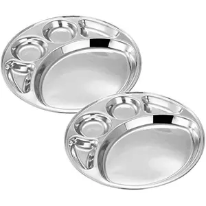 Khandekar Set of 2 Stainless Steel Round Dinner Plate with 5 Compartment Food Divided Plate Kids Lunch Plate for Toddlers Indian Dinner Plates Thali All Occasion - Silver 13 inch