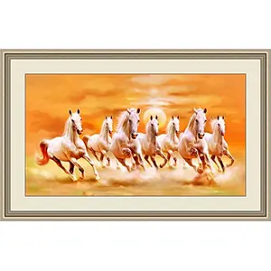 Shine India Orange 7 Horses Canvas Painting as per VASTU with Heavy Duty Frame- 18 Inch X 28 Inch ||Medium Painting||