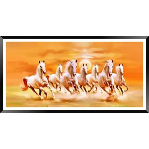 DBrush 7 Running Horses Vastu Painting Photo Frame Without Glass for Home Decorative Office Gift Item Artwork Synthetic Wood (12 x 24 Inch)