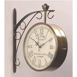 Vintage Product Iron Antique Brass Finish Double Sided Railway Station Platform Analog Wall Clock (Gold 8 Inch)