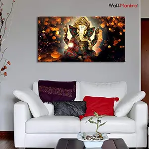 WallMantra Big Panoramic Sri Ganesha Indian Hindu Spiritual Wall Painting/Canvas Print Wall Hanging/Home Decor for Living Room Bedroom Office Decoration Size 122 cm W x 61 cm H (With Foldable Frame)