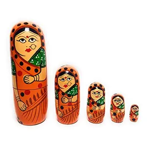 Craft Hand Traditional Indian Nesting Wooden Doll/ Hand Painted Matryoshka Stacking Dolls- Set of 5 Piece (Lady in Blue Saree) (Orange)