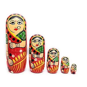 Craft Hand Traditional Indian Nesting Wooden Doll/ Hand Painted Matryoshka Stacking Dolls- Set of 5 Piece (Lady in Blue Saree) (Red)
