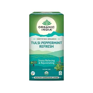ORGANIC INDIA Tulsi Peppermint Refresh 25 Tea Bags || Stress Relieving & Rejuvenating || Feeling Refreshed || Tulsi Tea - 25 Tea Bags