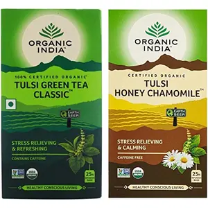 Organic India Tulsi Green Tea Classic 25 Tea Bags & Organic India Tulsi Honey Chamomile 25 Tea Bags