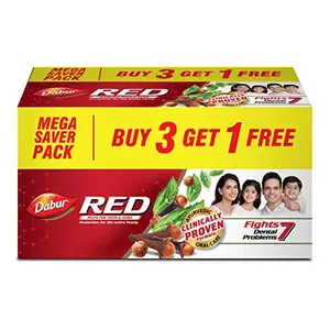 Dabur Red Paste - India's No.1 Ayurvedic Paste Provides Protection Plaque Removal Toothache Yellow Teeth Bad Breath- 600g (150gm*4)