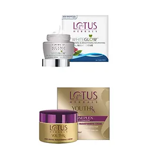 Lotus Herbals White Glow Skin Whitening and Brightening Nourishing Night Creame | 60g And Lotus Herbals Youthrx Anti-Ageing Transforming Creme 50g