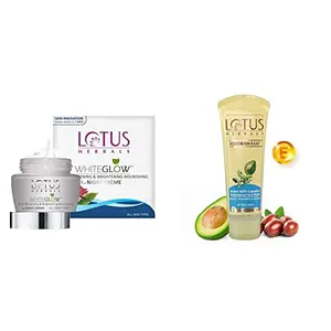 Lotus Herbals White Glow Skin Whitening and Brightening Nourishing Night Creame | 60g And Lotus Herbals Jojoba Face Wash Active Milli Capsules 120g