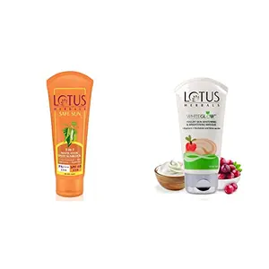 Lotus Herbals Safe Sun 3-In-1 Matte Look Daily Sunblock SPF 40 | 100g And Lotus Herbals White Glow Yogurt Skin Whitening And Brightening Masque 80g