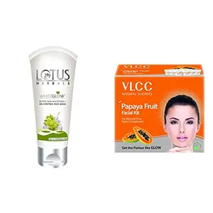 Lotus Herbals White Glow Active Skin Whitening And Oil Control Face Wash 50g and VLCC Papaya Fruit Facial Kit 60g