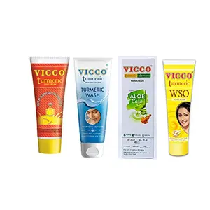 Vicco Glowing Skin Pack-1 Facewash 70g + 1 WSO 60g + 1 Turmeric Cream 70g + 1 Aloe Vera 30g