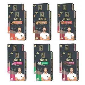 Zed Black Manthan Dhoop Sticks in 6 Fragrances - Mogra Guggal Chandan Gulab Loban & Kasturi - Pack of 24 (6 x 4) Bamboo Less Incense Sticks (240 Units)