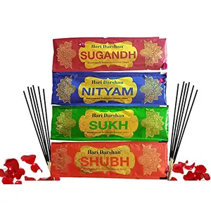 Hari Darshan Agarbatti Combo- 4 Fragrances Sukh Sugandh Nityam Subh Charcoal Free Perfumed Incense Sticks (12 Packs 25g12 Sticks in Each Pack)