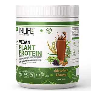 INLIFE Vegan Plant Based Protein Powder 24g Protein (Pea & Brown Rice) 5g BCAA 1.8g Fiber with Ashwagandha Green Tea & Grape Seed Digestive Enzymes Bodybuilding Supplement Men Women (500 grams)