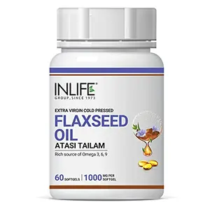 Inlife Dietary Supplement Capsule Flaxseed Oil 1000mg Omega 3 6 9 Extra Virgin Cold Pressed Softgels for Immunity Booster Metabolism Booster Weight Management Heart Health 60 Counts (Pack of 1)
