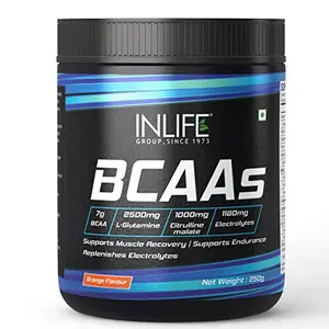 INLIFE BCAA Supplement 7g Amino Acids Instantized for Pre Post & Intra Energy Drink for Workout 2.5g L-Glutamine1g Citrulline Malate 1180mg Electrolytes Powder (Orange 250g)