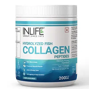 INLIFE Hydrolyzed Marine Fish Collagen Peptides Powder Clinically Proven & Patented Ingredient with 90% Protein Per Serving Skin Health Bone Health for Men Women Type 1 Collagen 200g (Unflavoured)