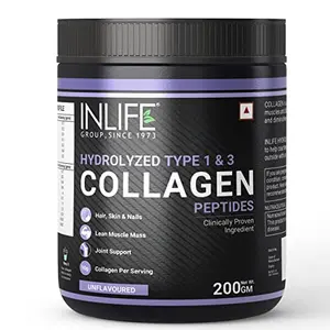 INLIFE Hydrolyzed Collagen Peptides Powder Clinically Proven Ingredient Type 1 & 3 Skin Health Bone Health Supplement for Men & Women - 200g (Unflavoured)