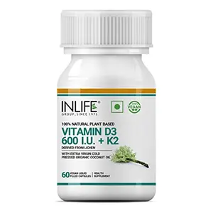 INLIFE Plant Based Vegan Vitamin D3 K2 Supplement Lichen Source D3 with Natural Organic Extra Virgin Cold Pressed Coconut Oil for Bone Health & Immune Support 600 IU - 60 Vegan Capsules (Pack of 1)