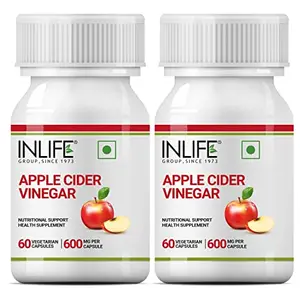 INLIFE Apple Cider Vinegar Supplement for Weight Management Metabolism Gut Cleanse & Healthy Digestion Plant Based 600mg - 60 Vegetarian Capsules (2 Pack)