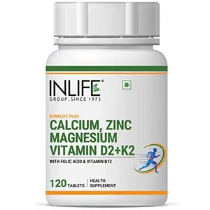 INLIFE Calcium Magnesium Zinc Vitamin D K2 Folic Acid & B12 Vegetarian Tablets Bone & Joint Support Supplement | Calcium Supplement for Women Men - 120 Tablets (Pack of 1)