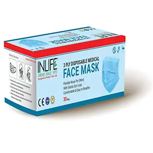INLIFE 3ply Non Woven Disposable Face Mask for Pollution with Nose Pin & Flexible Ear Loop Dust Mask Nose Mask Mouth Mask Surgical Mask Men Women 30 Masks