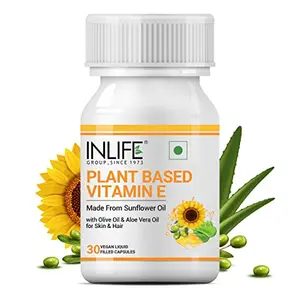 INLIFE Plant Based Natural Vitamin E Oil Capsules for Face and Hair | Sunflower Olive & Aloe Vera Oils | Skin Health and Immunity Booster Supplement for Women & Menâ30 Vegetarian Capsules (Pack of 1)