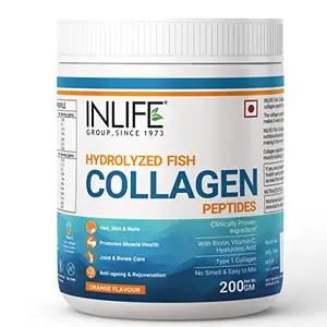 INLIFE Hydrolyzed Marine Fish Collagen Peptides Powder Clinically Proven (with Biotin Hyaluronic acid & Vitamin C) Supplement for Skin Hair for Men Women Type 1 Collagen 200 grams (Orange)