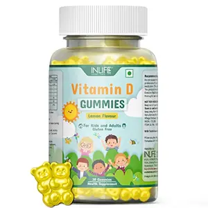 INLIFE Vitamin D Gummies for Kids Men Women Adults Daily Supplement for Bone & Muscle Health Immunity Booster Gluten Free Vegan 400 IU - 30 Lemon Flavour Gummies (30 count)