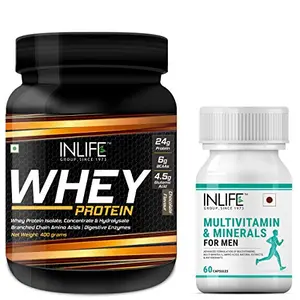 INLIFE Men Whey Protein with Herbs Digestive Enzymes Multivitamins Minerals Antioxidants Supplement - 400 grams (Chocolate) 60 Capsules