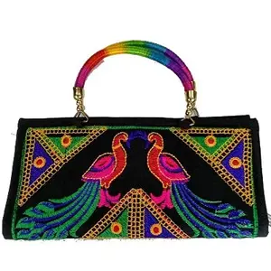 Little India Multi-Color Embroidered Handle Purse 10"x5"x1"