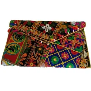 Little India Multi-Color Kantha Embroidery Clutch Purse 12"x7"x1"