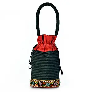 Little India Red n Black Kutch Style Silk Handle Bag 7.5"x12"x2"