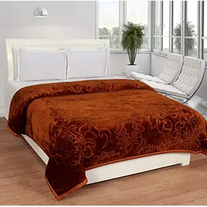 Little India Soft Embossed Plain Floral Microfiber Double Blanket -Brown