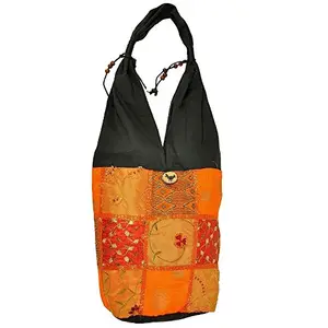 Little India Embroidery Dupion Silk Patch Tote Bag 11"x12"x3"