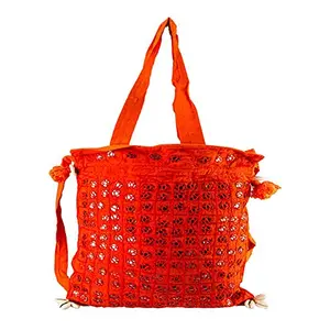 Little India Vibrant Orange Mirror Work Sling Bag 10"x12"x2"