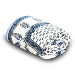 Little India Jaipuri Floral Design Cotton Double Bed Comforter - Blue