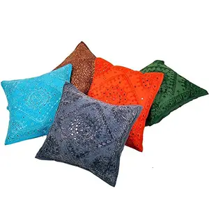 Little India Mirror Embroidery Hand Work Cotton 5 Piece Cushion Cover - Multicolor (DLI3CUS450)