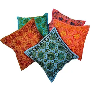 Little India Mirror Embroidery Hand Work Cotton 5 Piece Cushion Cover Set - Multicolor (DLI3CUS438)