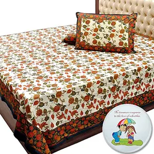Little India Cotton Jaipuri Handblock Floral Motif Print Double Bed Cover with 2 Pillow Covers (Multicolor)