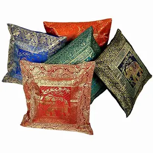 Little India Zari Hand Embroidery Work Silk 5 Piece Cushion Cover - Multicolor (DLI3CUS435)