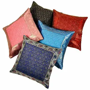 Little India Zari Hand Embroidery Work Silk 5 Piece Cushion Cover Set - Multicolor (DLI3CUS437)