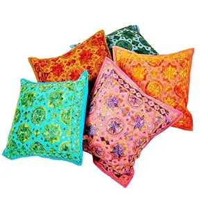 Little India Mirror Embroidery Hand Work Cotton 5 Piece Cushion Cover Set - Multicolor (DLI3CUS428)