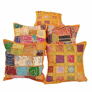 Little India Mirror Hand Embroidery Patch Work Cotton 5 Piece Cushion Cover Set - Multicolor (DLI3CUS401)