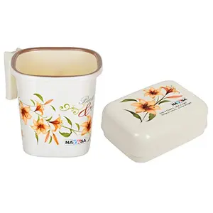 Nayasa Plastic Square Ring Bathroom Mug with Matching Soap case (1.5 Liters Off-White 2-Pieces)
