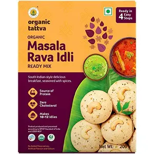 Organic Tattva Organic Masala Rava Idli / Idly Instant Ready Mix 200 Gram | Healthy Breakfast Seasoned and Aromatic Spices | Source of Protein NO Cholesterol NO Trans-Fat | Ready in 4 Easy Steps